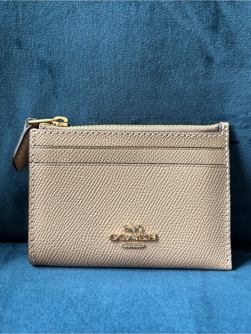 Coach Beige Leather Zip Card Case with Gold Logo